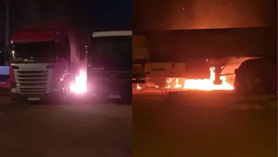 Karabük'te feci olay: Tırların dorselerini yaktılar