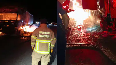 Balıkesir'de panik anları: Tır otoyolda alev alev yandı!