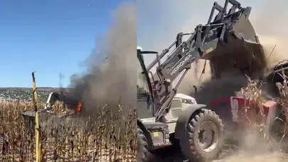 Adıyaman'da yangına müdahale eden iş makinesi alev aldı!