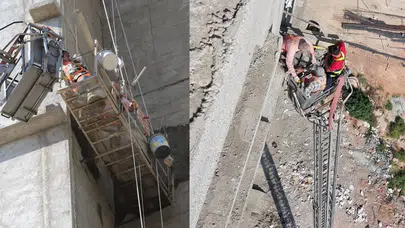 Mersin'de yürekleri ağza getiren anlar: İşçiler 13. kattaki iskelede mahsur kaldı