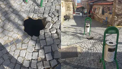 Denizli'de tarihi altyapı çöktü, yol trafiğe kapatıldı