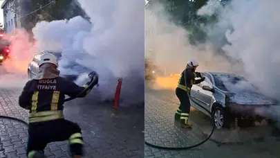 Muğla'da park halindeki araç alev alev yandı