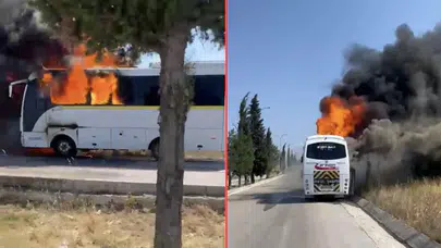 Bursa'da seyir halindeki servis otobüsü alev alev yandı