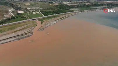 Ahlat'taki sel suları Van Gölü'ne ulaştı : Kıyı şeridi kahverengiye döndü