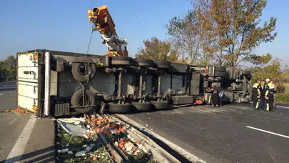 Bolu'da kontrolden çıkan tır devrildi : Trafik kitlendi, sürücü yaralandı