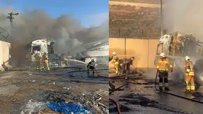 Hatay Reyhanlı’da korkutan yangın : Park halindeki tırlar küle döndü
