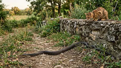 Mersin'de ilginç görüntüler : 2 metrelik yılanların hareketlerini kedi izledi
