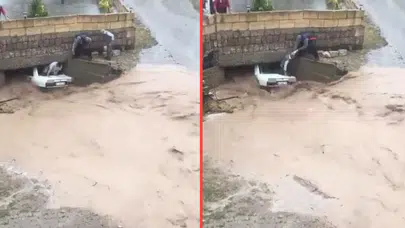 Nevşehir'de sel sularına kapılan araç köprü altında mahsur kaldı