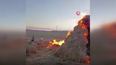 Erzurum Tekman'da çok sayıda ot balyası yandı