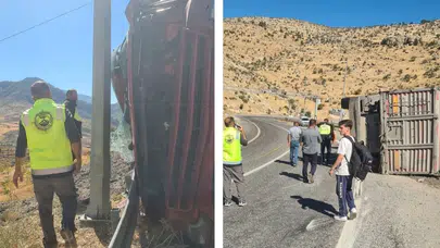 Ponza madeni yüklü tır virajda devrildi, 1 kişi ağır yaralandı