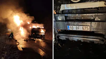 Balıkesir'in Havran ilçesinde seyir halindeki kamyon alevlere teslim oldu