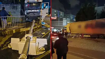 Arnavutköy'de kontrolden çıkan tır otobüs durağına daldı