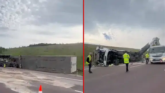 İzmir otobanında tır devrildi!