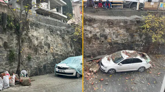 Eyüpsultan'da bir inşaatın istinat duvarından kopan parçalar araca zarar verdi!