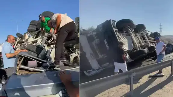 Beton mikseri otomobilin üzerine devrildi!