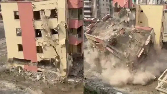 Depremde zarar gören bina yıkıldı