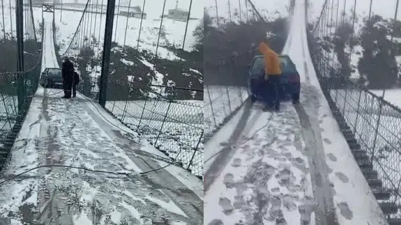 Kars'ta köprü buz tuttu, otomobil düşmekten son anda kurtuldu