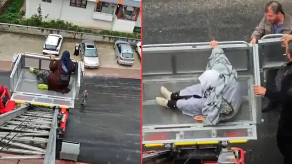 Ankara'da bir nakliyeci, yaşlı annesi ve halasını yük asansörüyle evine çıkardı