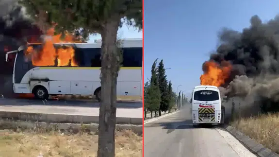 Bursa'da seyir halindeki servis otobüsü alev alev yandı