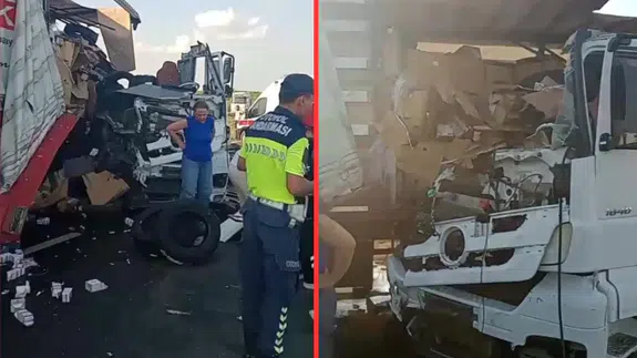 Adana'da emniyet şeridinde feci kaza : Tırlar çarpıştı, 2 yaralı