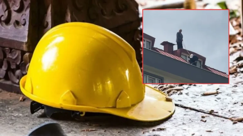 Şaşırtan güvenlik önlemi: Çatı tadilatı yapan işçi beline ip bağladı!