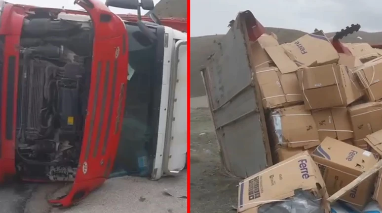 Erzincan'da feci kaza! Beyaz eşya yüklü tır devrildi