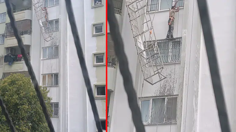 Adana'da feci kaza: İşçi halatı kopan iskelede asılı kaldı!
