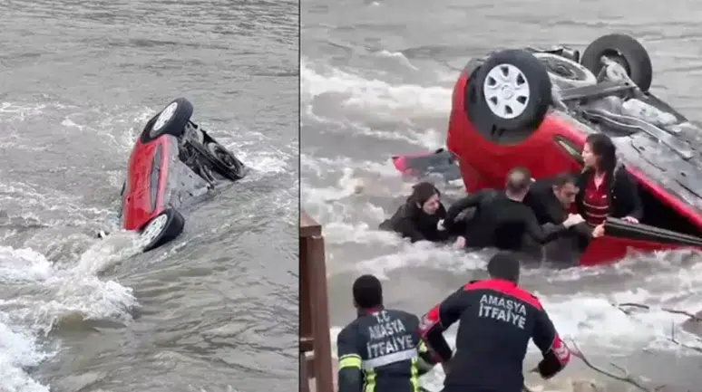 Amasya’da otomobil nehre uçtu : Anne ve kızı yaralandı