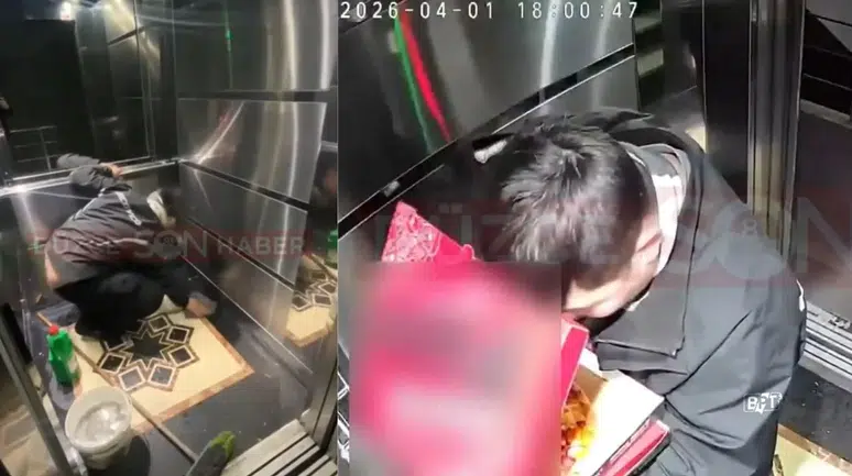 Kurye önce pizzayı yedi , ardından asansöre tuvaletini yaptı