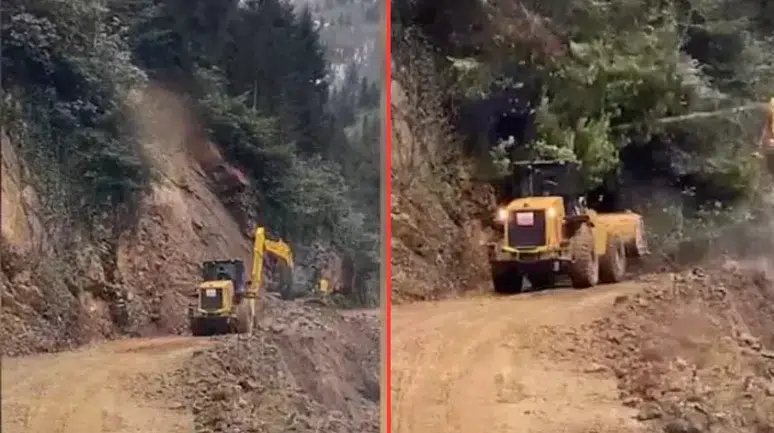 Rize'de heyelan meydana geldi : İş makinesi operatörü ölümden döndü
