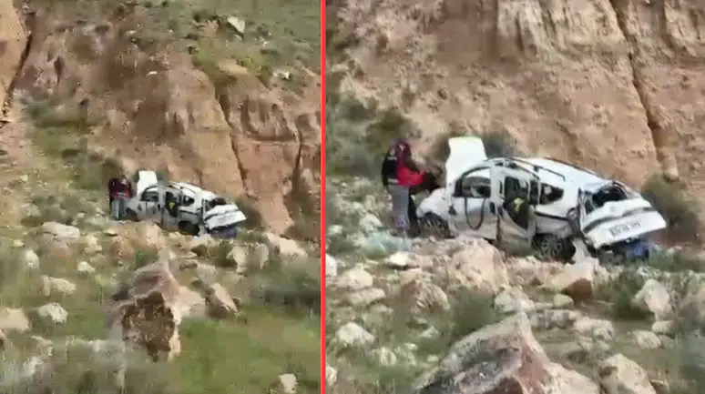 Uçuruma yuvarlanan otomobilden atlayan 2 kişi ölümden döndü