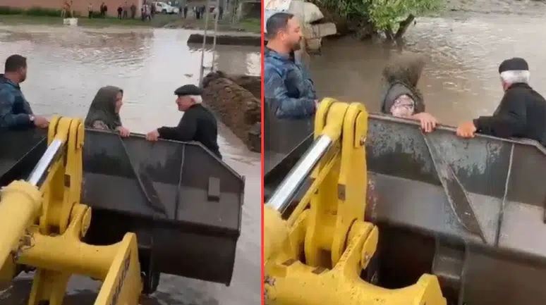 Kars'ta sel nedeniyle evlerinde mahsur kalan yaşlı çift kurtarıldı