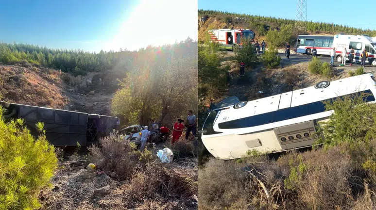 İzmir'de kaza : Otobüs ile otomobil şarampole devrildi