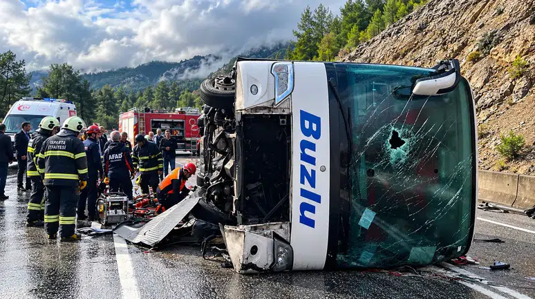 Isparta Antalya Karayolunda Otobüs Devrildi