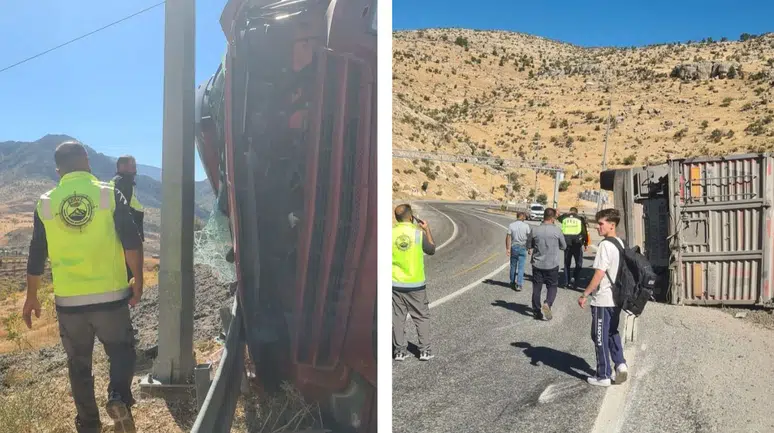 Ponza madeni yüklü tır virajda devrildi, 1 kişi ağır yaralandı