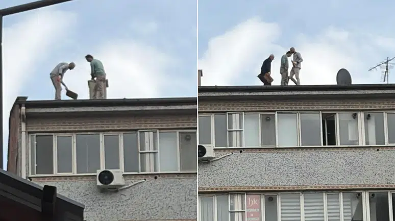 Elazığ'da Binanın Çatısında Tehlikeli Tadilat Anları