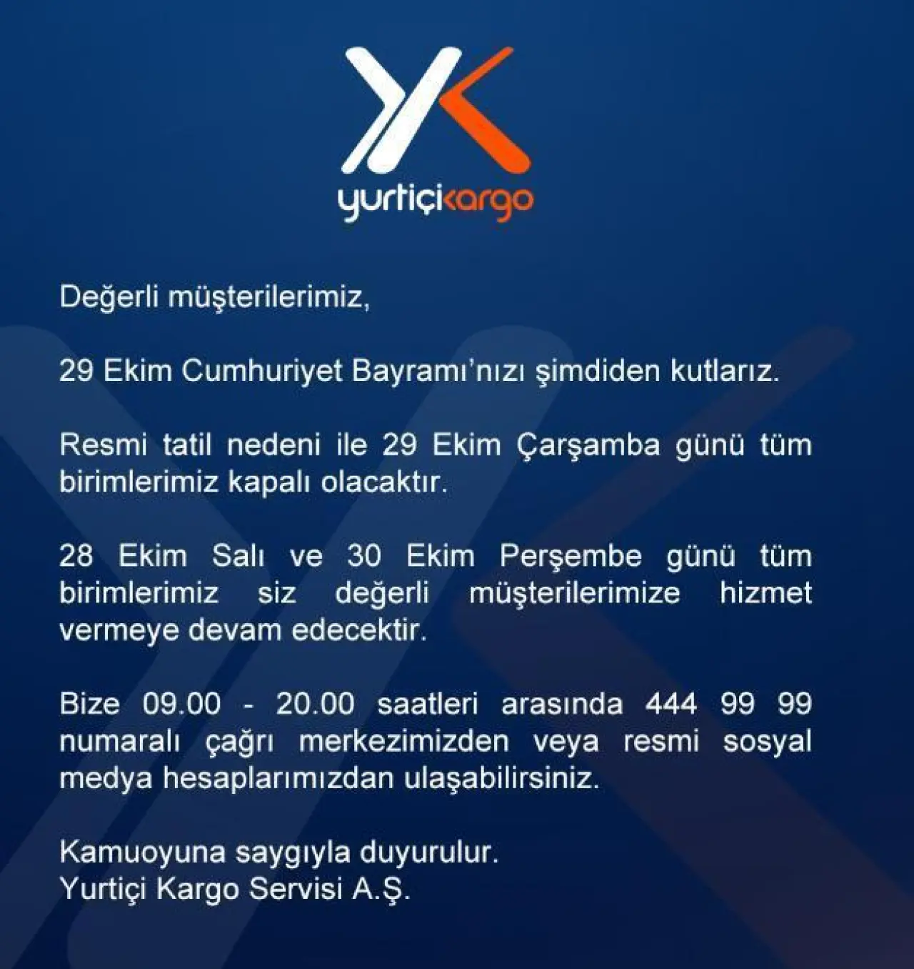 YURTİÇİ KARGO 28 EKİMDE AÇIK MI