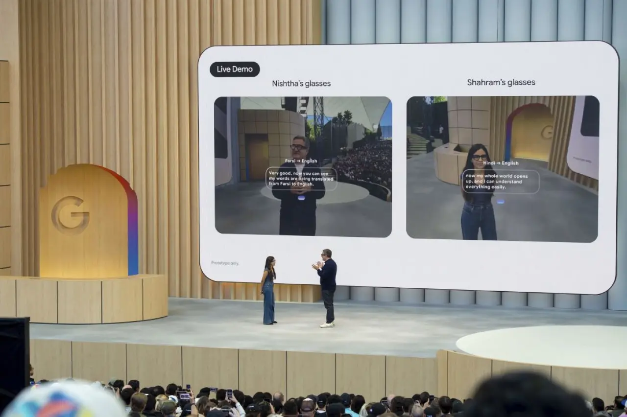Demonstration of prototypes of glasses that can display information in the user's field of vision at the Google I/O developer conference on May 20 in Mountain View, CA.