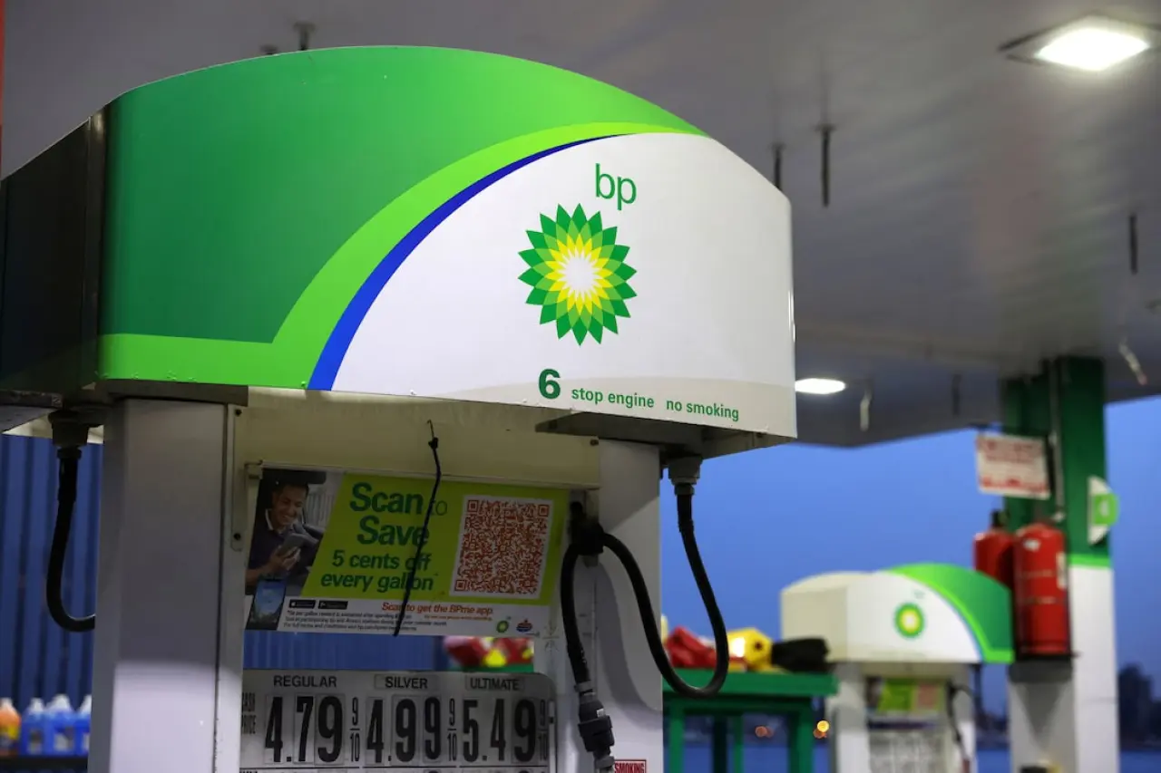 The BP logo is seen on gasoline pumps at a BP gas station in Manhattan, New York City